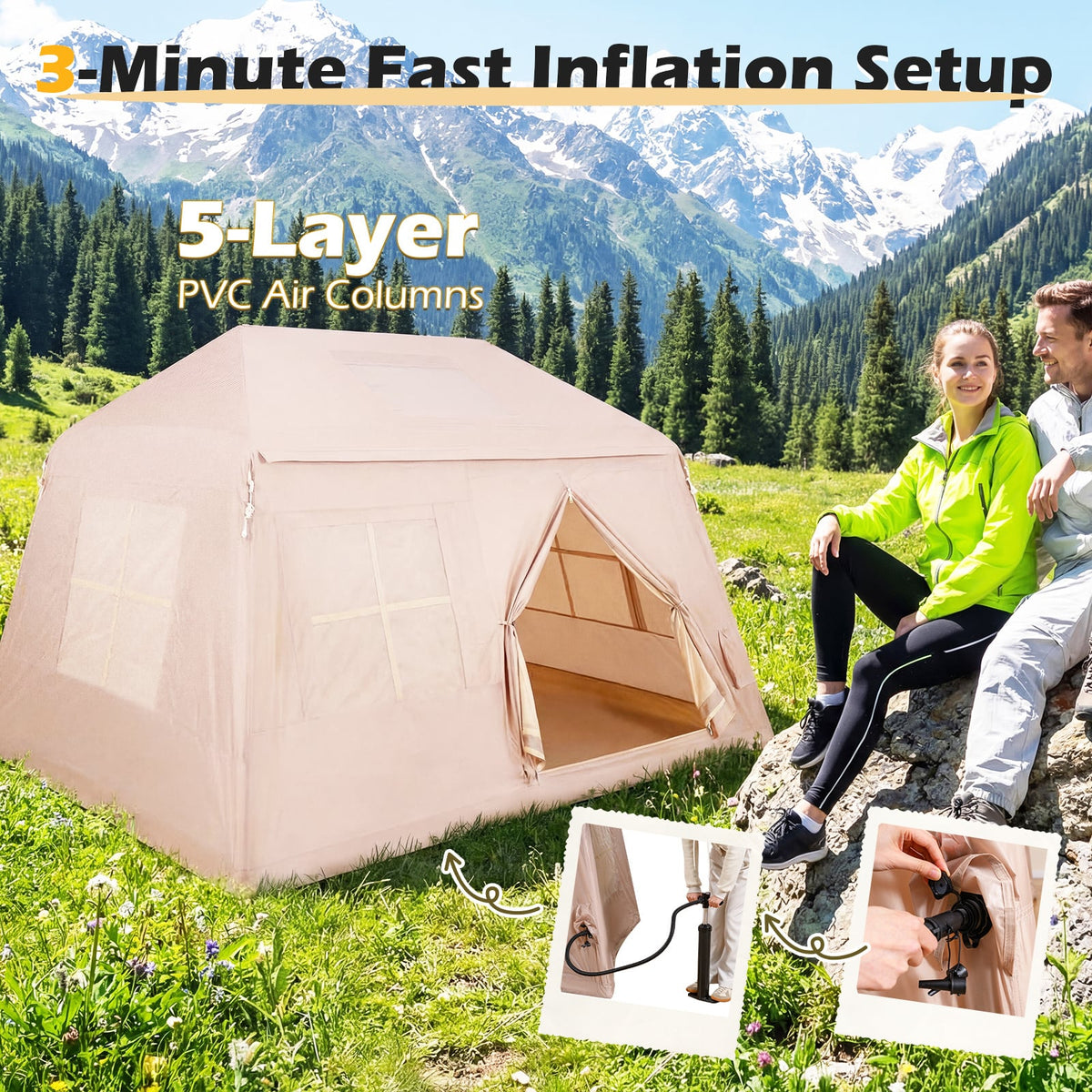 Inflatable Camping Tent for 4-6 Person Portable Blow up Tent with Pump Doors-Khaki