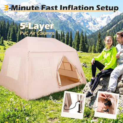 Inflatable Camping Tent for 4-6 Person Portable Blow up Tent with Pump Doors-Khaki
