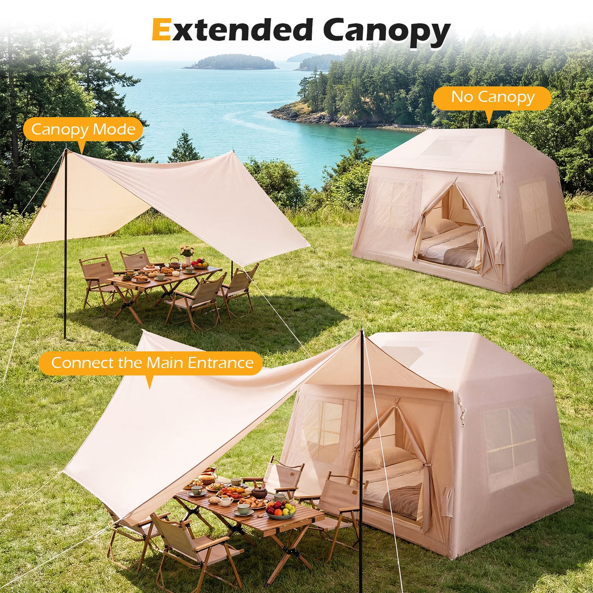 Inflatable Camping Tent for 4-6 Person Portable Blow up Tent with Pump Doors-Khaki
