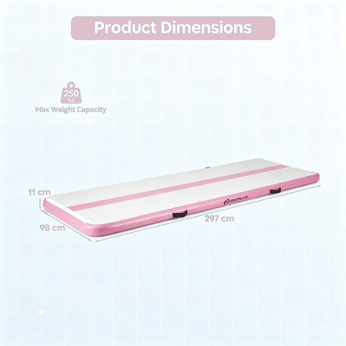 The pink tumbling mat shown with arrows indicating its length width and height