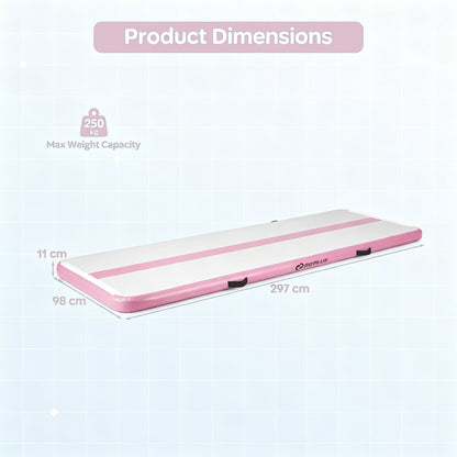 The pink tumbling mat shown with arrows indicating its length width and height