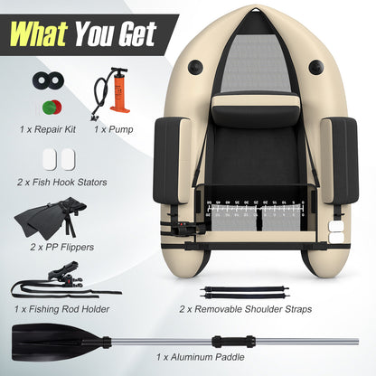 Inflatable Fishing Float Tube with Pump, Paddle, Storage Pockets-Beige