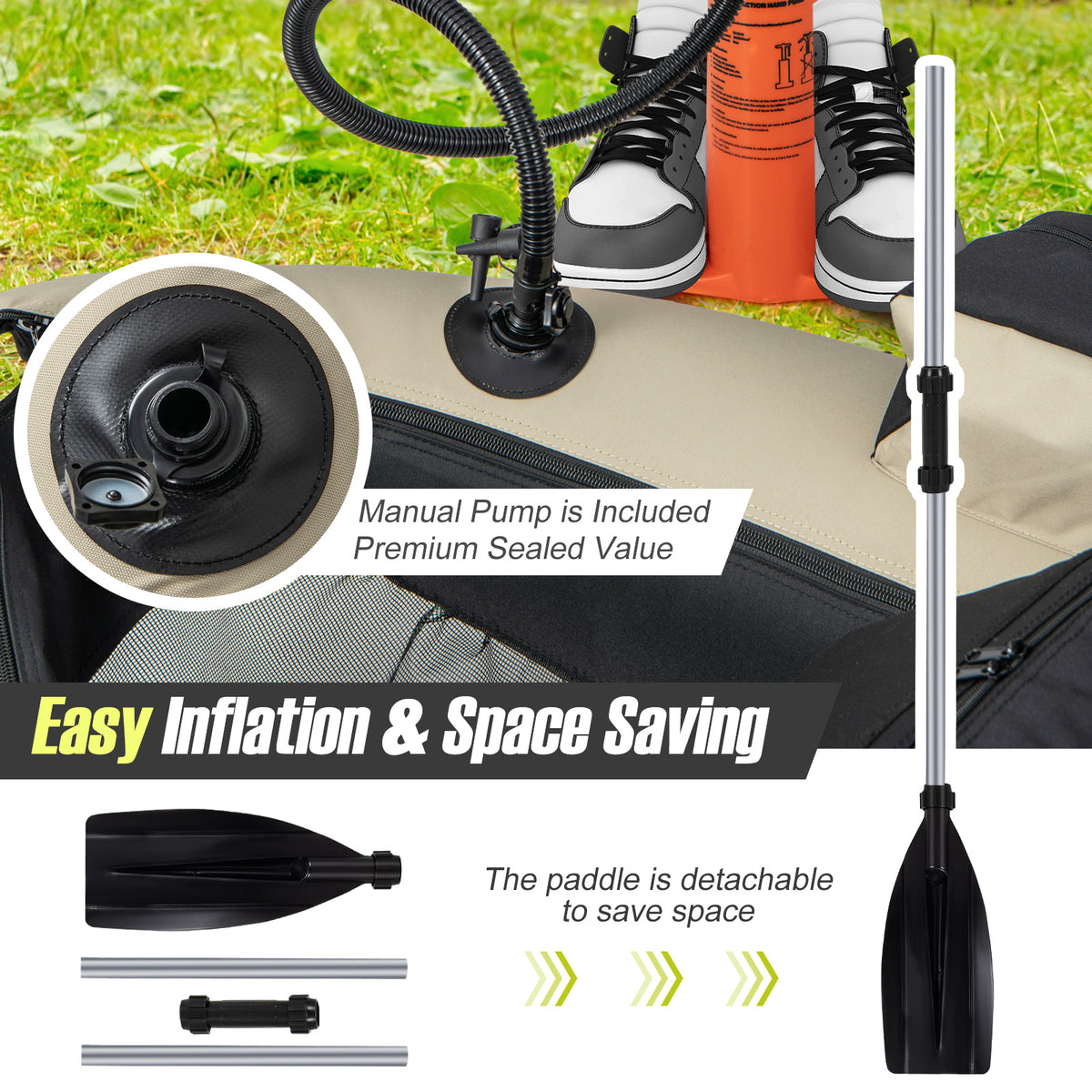 Inflatable Fishing Float Tube with Pump, Paddle, Storage Pockets-Beige