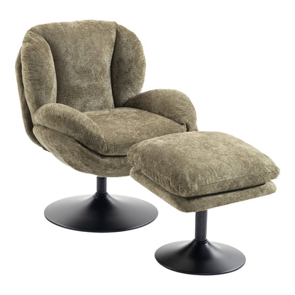 HOMCOM Modern Chenille Lazy Chair with Ottoman, 360° Swivel, Upholstered Reading Seat Set for Living Room, Dark Green