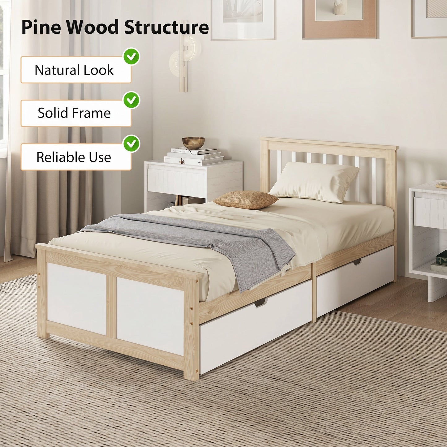 HOMCOM Pine Storage Bed, 3ft Single Solid Wooden Bed Frame with Drawers, Headboard, Wood Slat Support, Natural Wood Finish