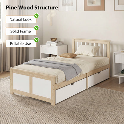 HOMCOM Pine Storage Bed, 3ft Single Solid Wooden Bed Frame with Drawers, Headboard, Wood Slat Support, Natural Wood Finish
