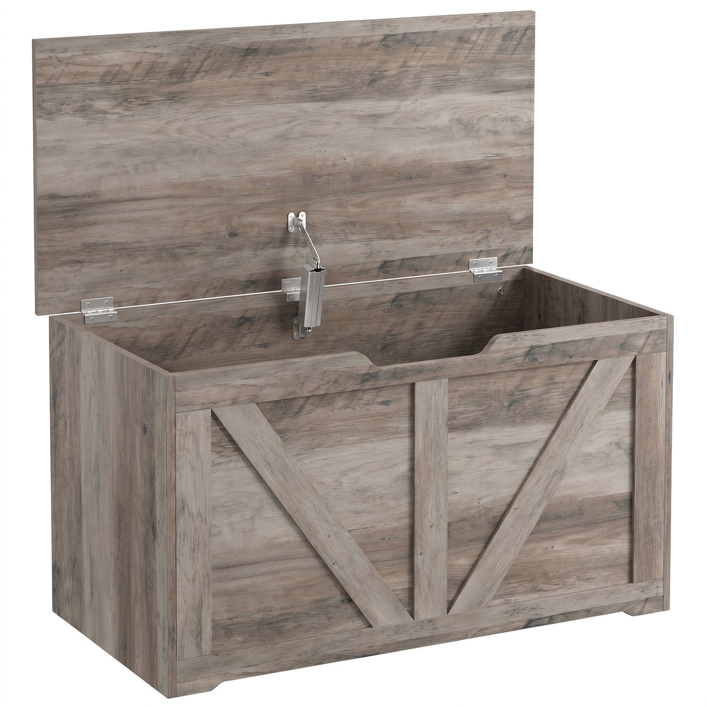 HOMCOM 100L Home Storage Box, with Safety Hinge - Grey Wood-Effect