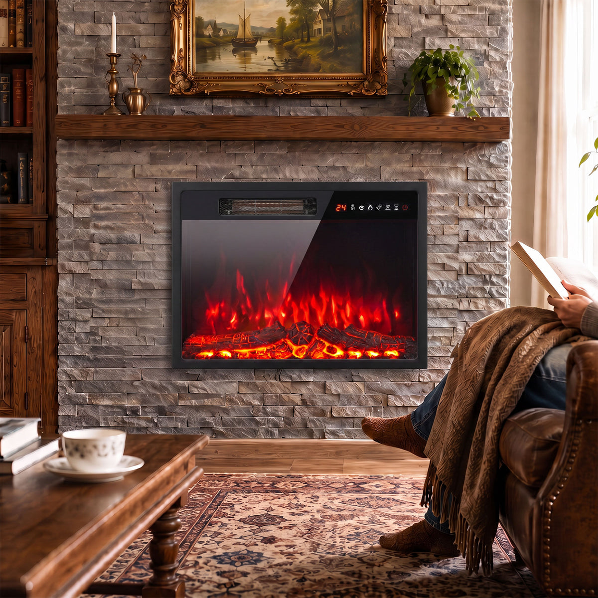HOMCOM Electric Fireplace Insert, Recessed Electric Fire with Adjustable Flame Effect, Timer, Remote, 750W/1500W, Black