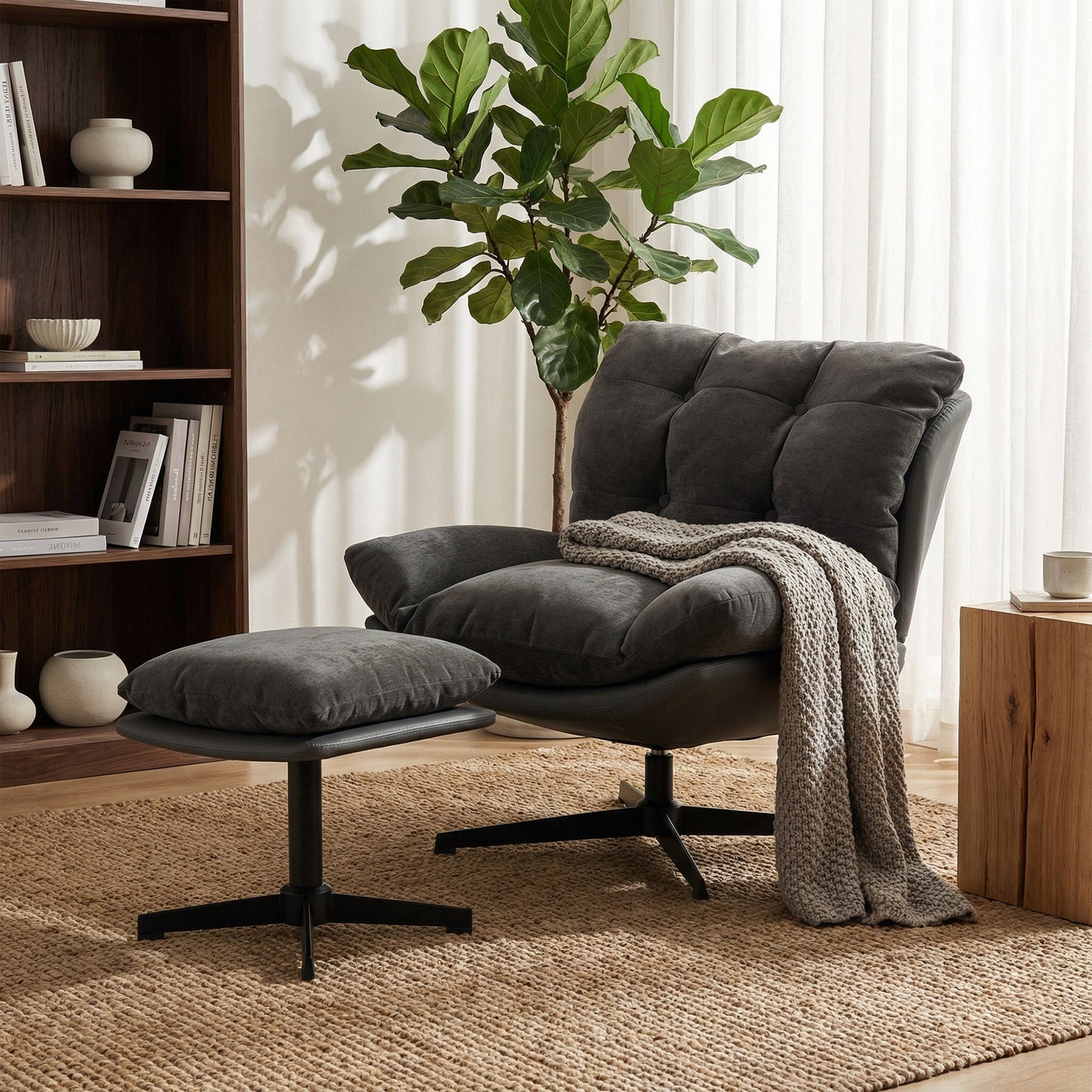 HOMCOM Accent Chair with Footstool, Swivel Lounge Chair with Chenille Upholstery, Metal Base, Dark Grey