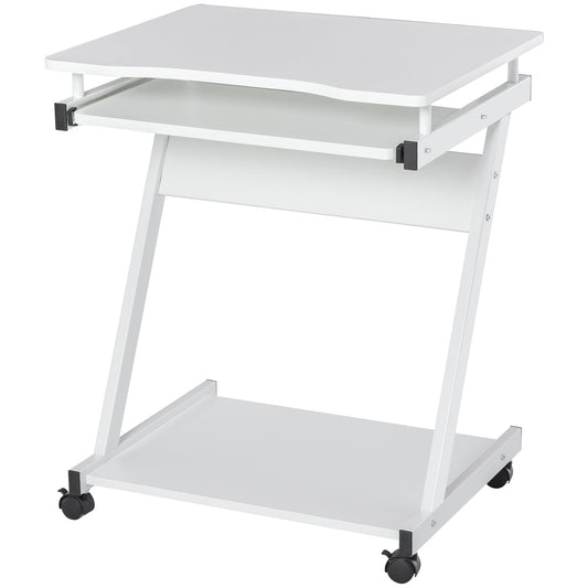 HOMCOM Mobile Computer Desk, Z-Shaped Writing Desk, PC Table for Small Spaces, Workstation with 4 Wheels & Sliding Keyboard for Home Office, Easy Assembly, White