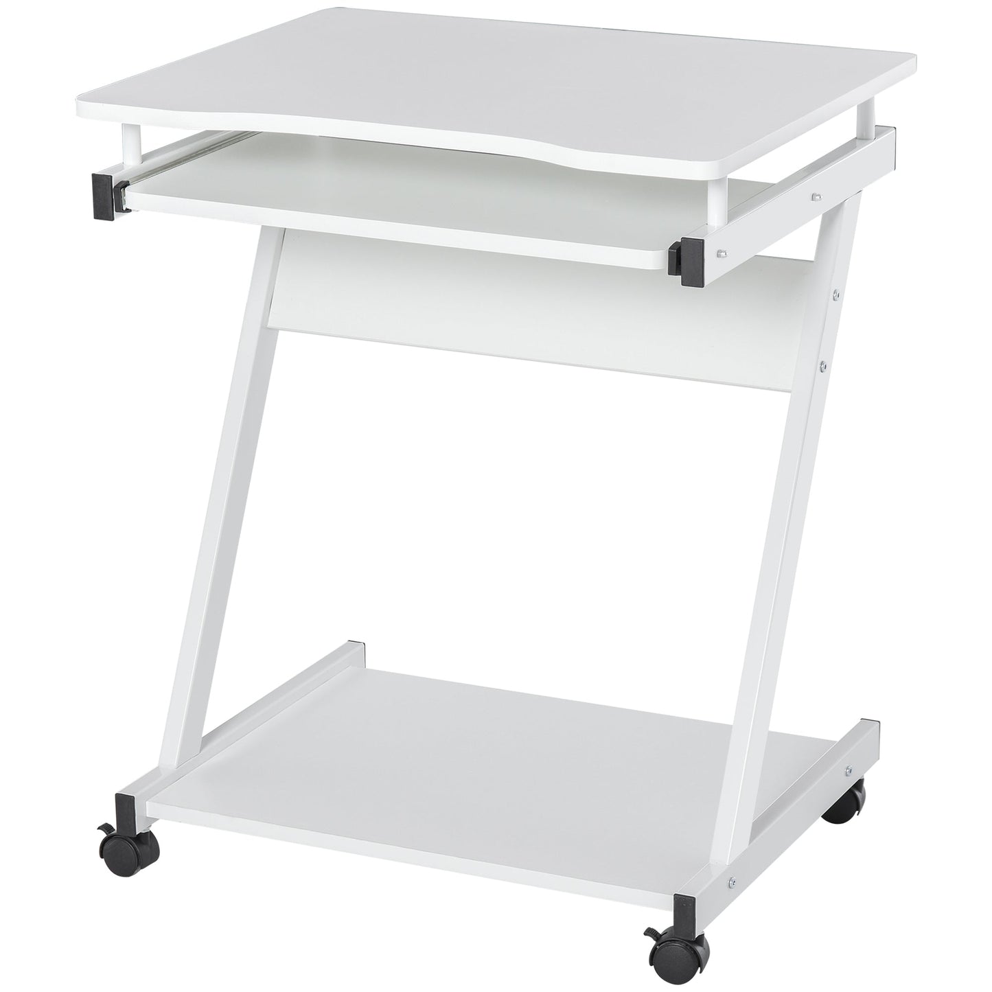HOMCOM Mobile Computer Desk, Z-Shaped Writing Desk, PC Table for Small Spaces, Workstation with 4 Wheels & Sliding Keyboard for Home Office, Easy Assembly, White
