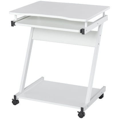 HOMCOM Mobile Computer Desk, Z-Shaped Writing Desk, PC Table for Small Spaces, Workstation with 4 Wheels & Sliding Keyboard for Home Office, Easy Assembly, White