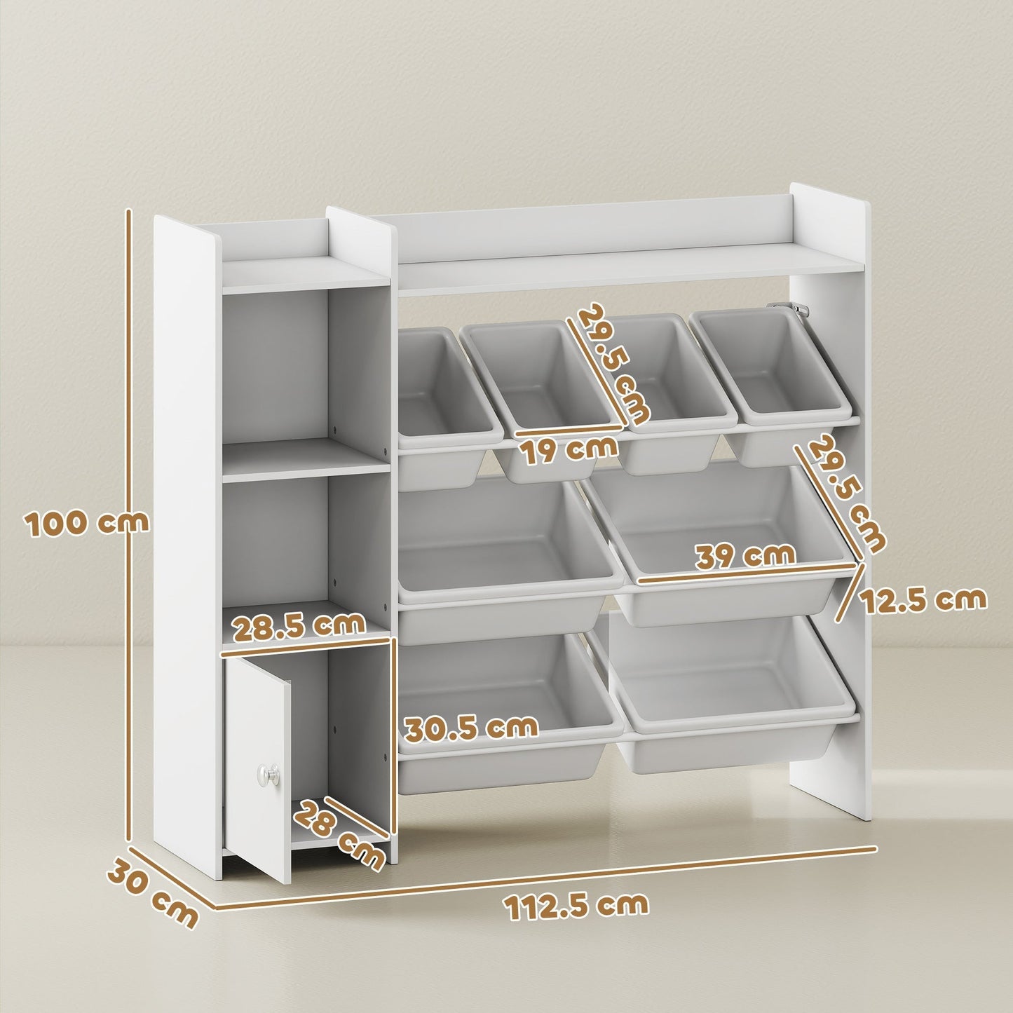 AIYAPLAY Toy Storage Unit with 8 Removable Bins, Storage Shelves, Cabinet, White
