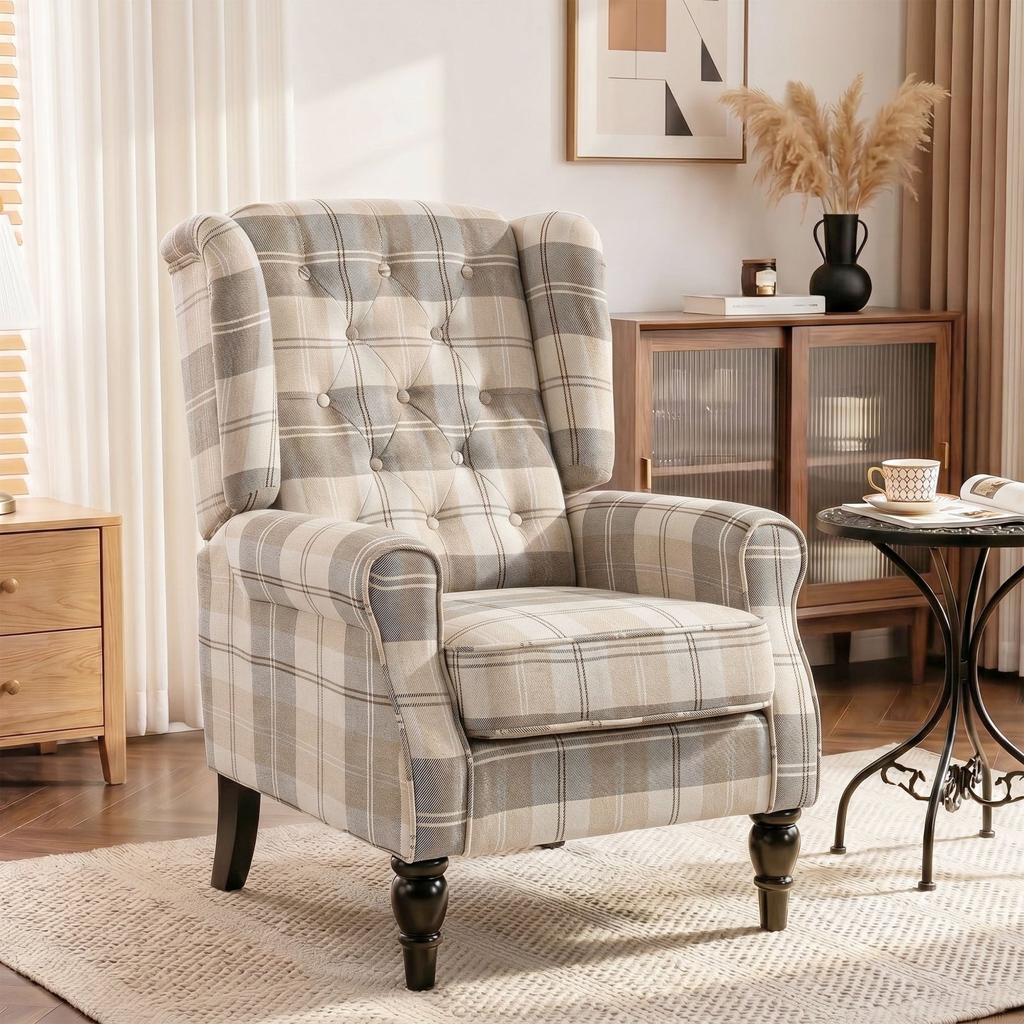 HOMCOM Wingback Accent Chair, Linen-Look Fabric Armchair with Thick Spring Cushion, High Back, Khaki Plaid