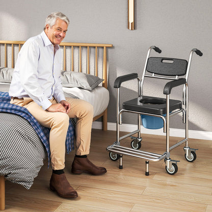 HOMCOM Transport Beside Shower Chair, 3-in-1 Commode Chair with Wheels and Padded Seat, Black