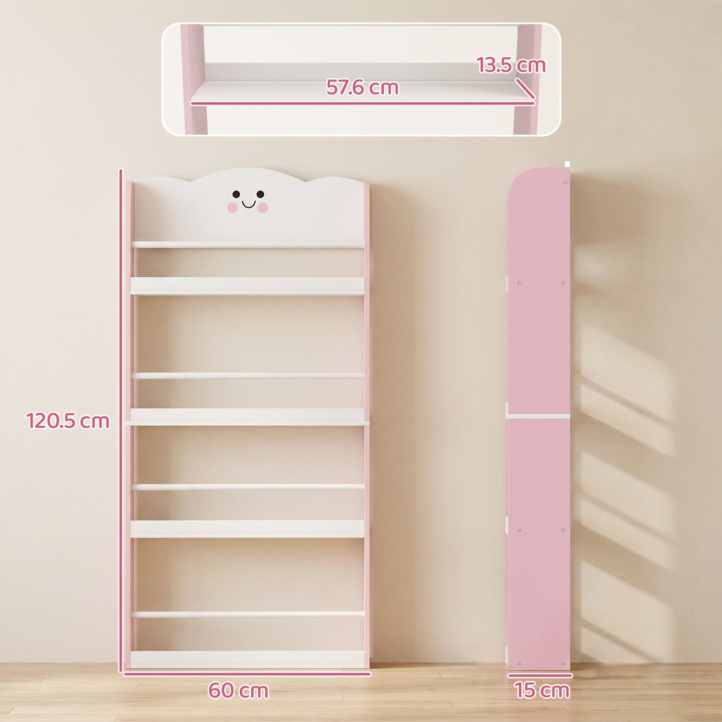AIYAPLAY 4 Tier Kids Bookshelf, Wall-Mounted Children Bookcase, Toddler Space-Saving Bookcase for Kids Room, Playroom, Pink