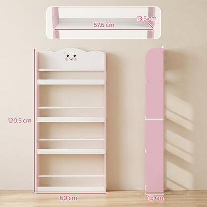 AIYAPLAY 4 Tier Kids Bookshelf, Wall-Mounted Children Bookcase, Toddler Space-Saving Bookcase for Kids Room, Playroom, Pink