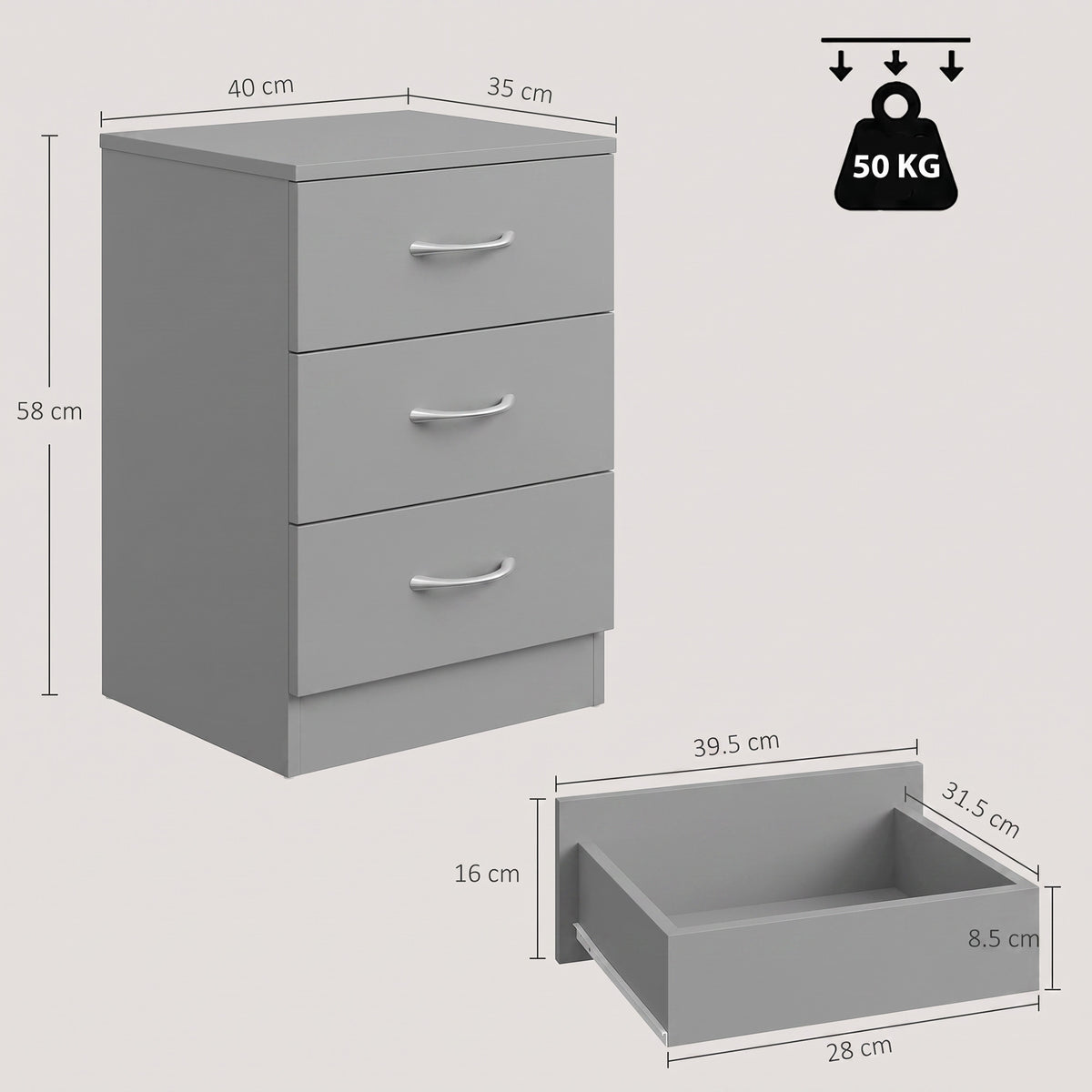 HOMCOM Three-Drawer Simple Bedside Table in Grey