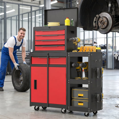 HOMCOM Tool Chest, Mobile Modular Tool Box with 5 Drawers, Side Rack, Pegboard, Lock, Tool Cabinet for Garage Workshop, Red
