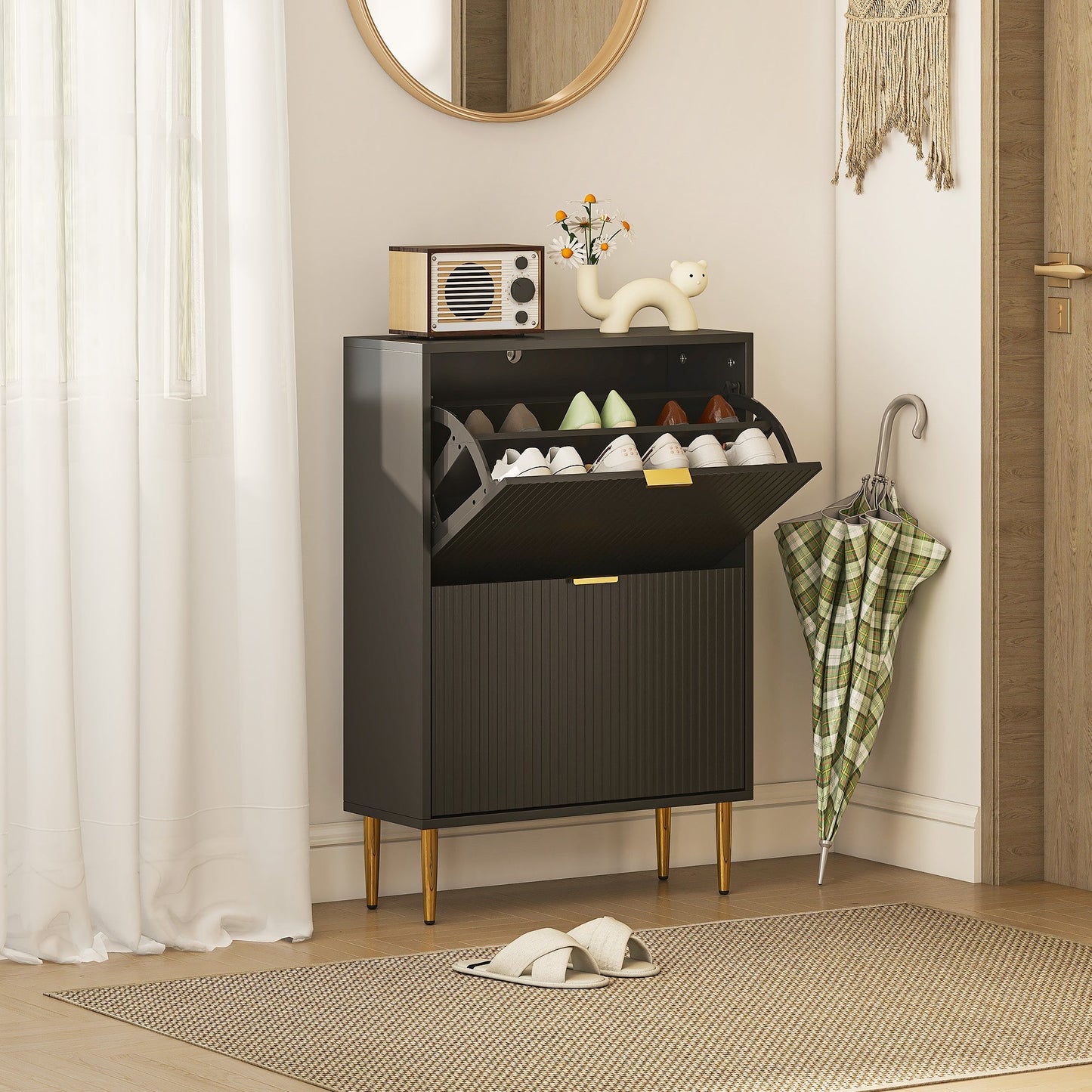 HOMCOM Elegant Two-Drawer Shoe Cabinet - Black