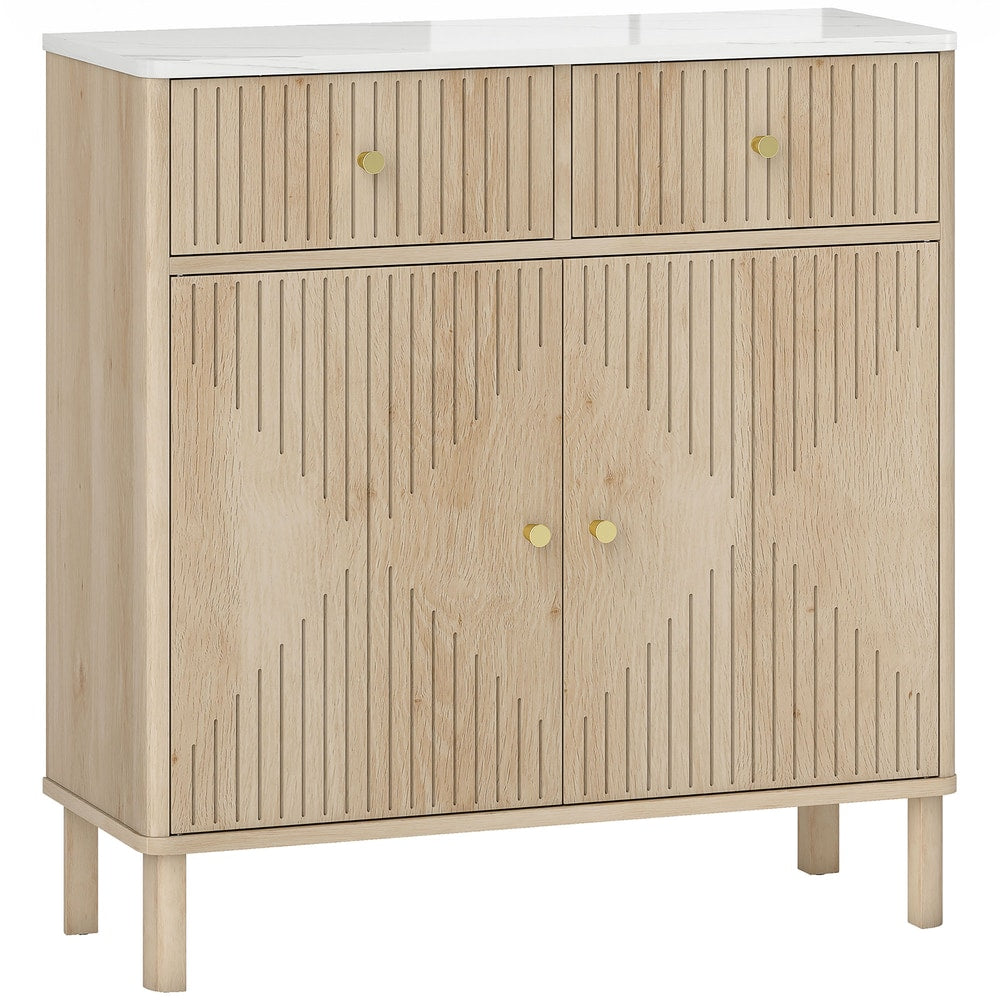 HOMCOM Sideboard Storage Cabinet, Fluted Kitchen Cupboard with Marble-Effect Top, 2 Drawers, 2 Doors and Adjustable Shelf, Oak