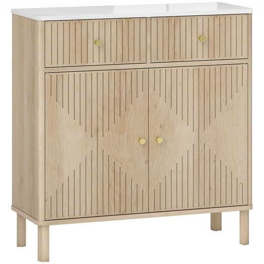 HOMCOM Sideboard Storage Cabinet, Fluted Kitchen Cupboard with Marble-Effect Top, 2 Drawers, 2 Doors and Adjustable Shelf, Oak