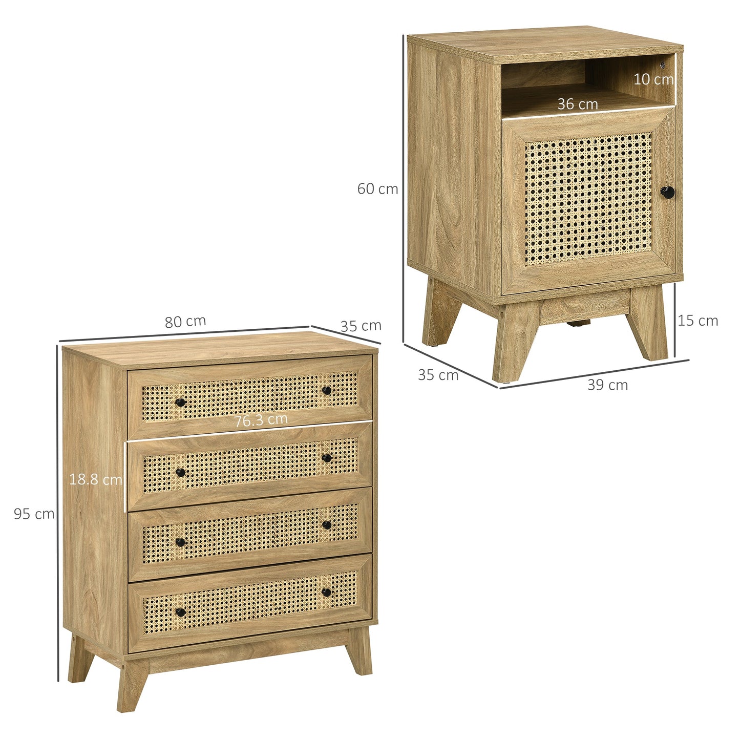 HOMCOM Chest of Drawer with 4 Rattan Drawers, Beside Table with Door, Natural