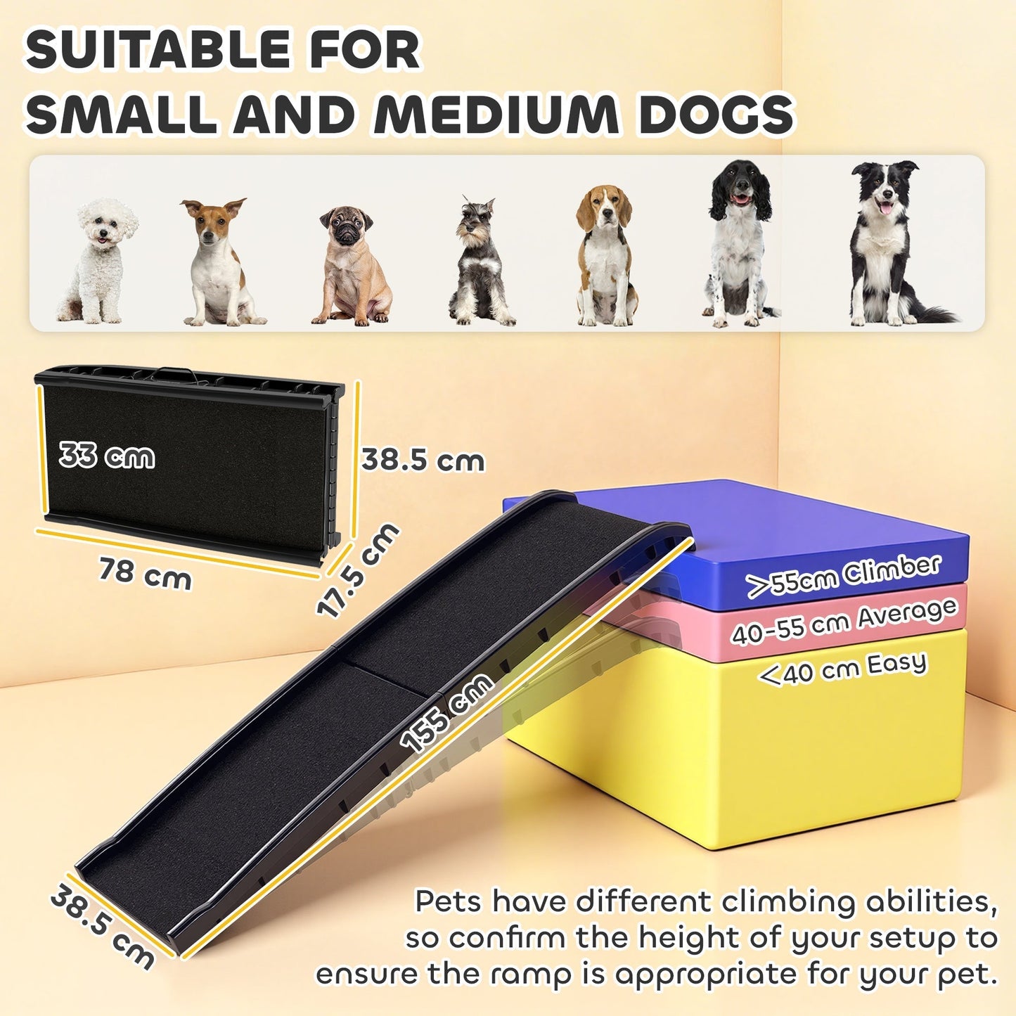 PawHut Foldable Dog Ramp with Frosted Anti-slip Surface, Portable & Lightweight, for Cars, Home, 155 x 38.5 x 15.5 cm