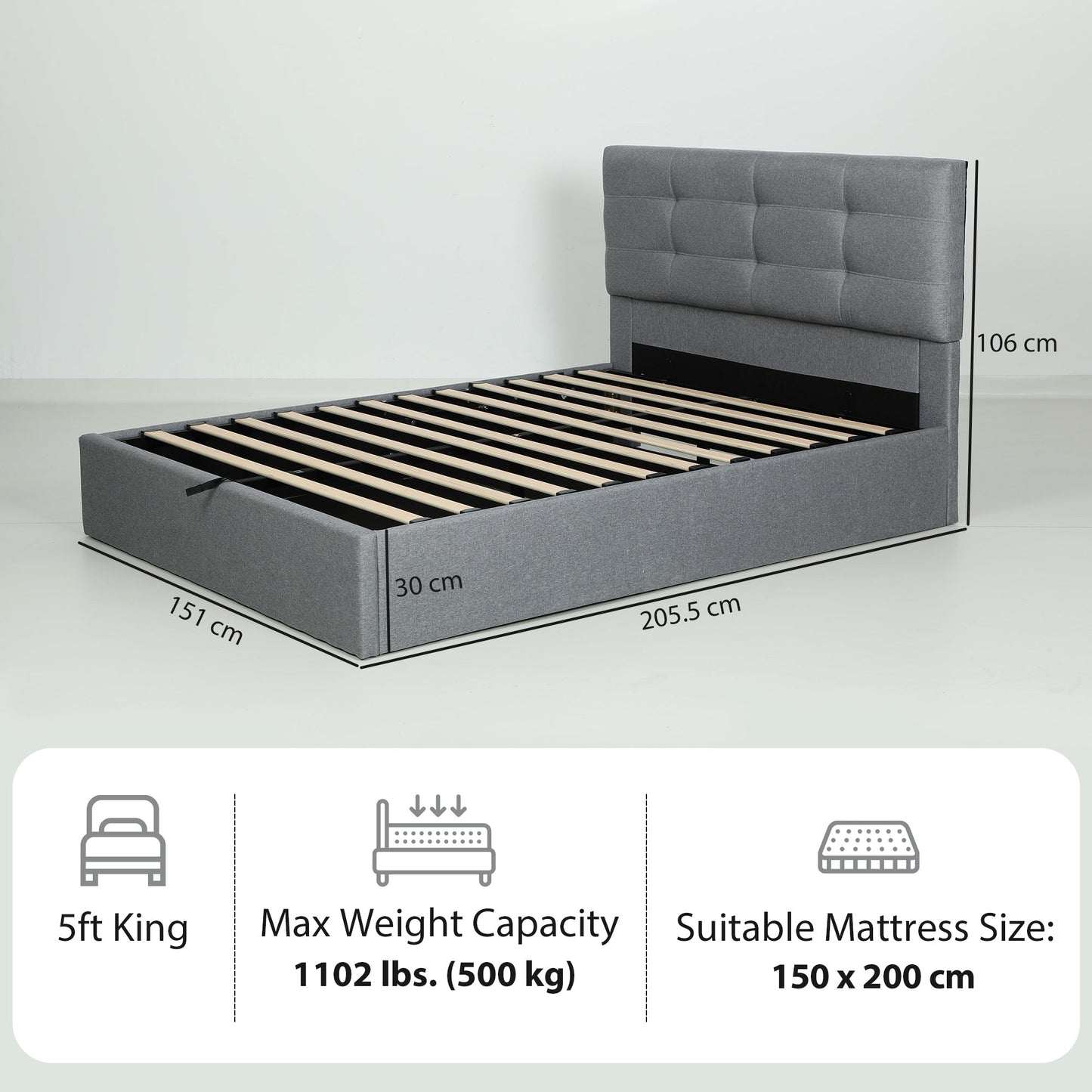 HOMCOM 5ft King Ottoman Bed with Gas Lift Storage - Grey