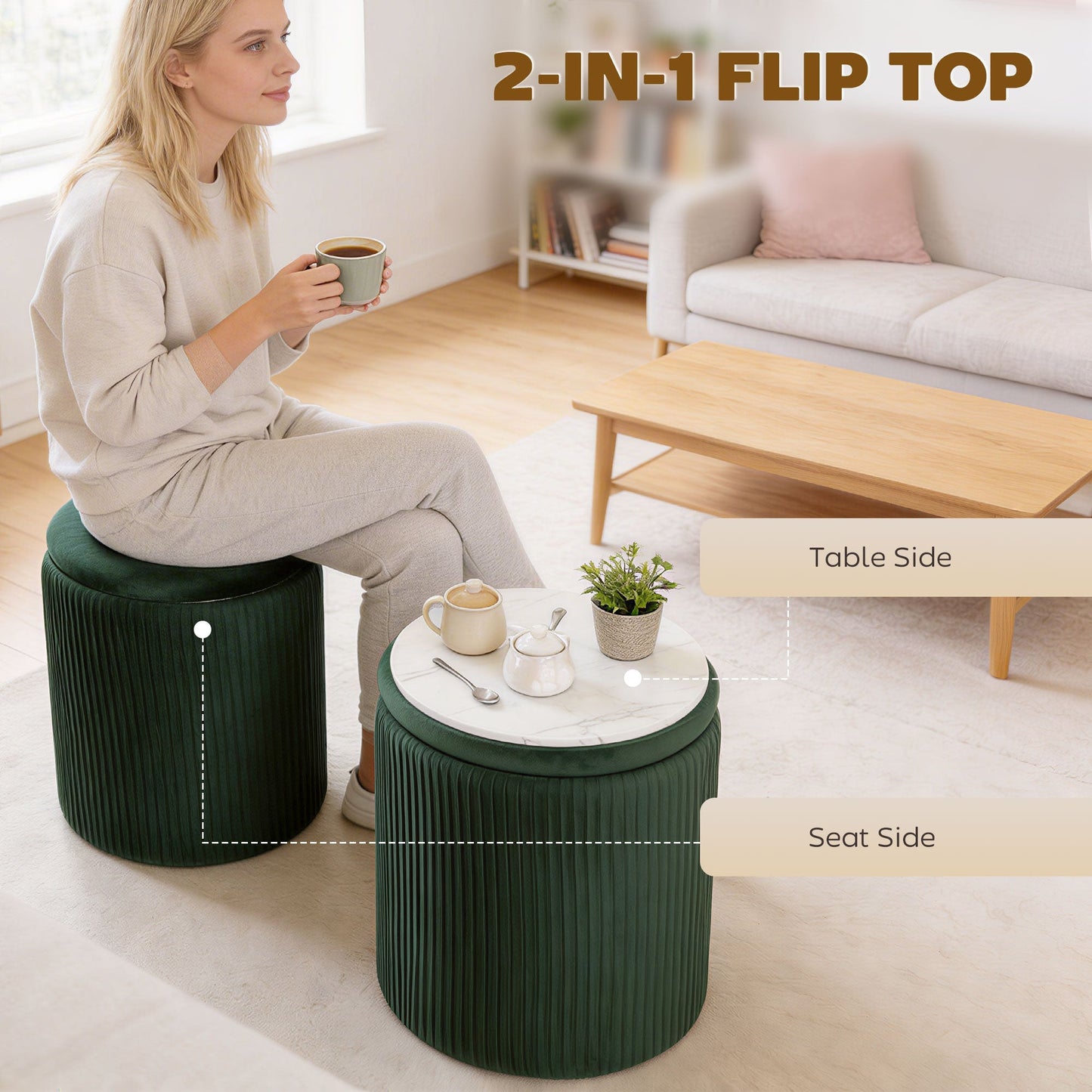 HOMCOM Storage Ottoman مسند قدم دائري عصري مخملي لغرفة المعيشة وغرفة النوم 45 سم أخضر داكن