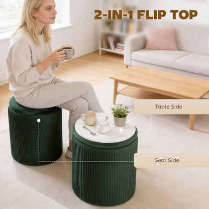 HOMCOM Storage Ottoman مسند قدم دائري عصري مخملي لغرفة المعيشة وغرفة النوم 45 سم أخضر داكن