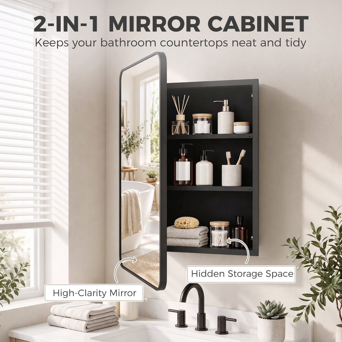 HOMCOM 50.8 x 11.6 x 71 cm Bathroom Mirror Cabinet, Wall Cabinet with Adjustable Shelves, Wall-Mounted or Recessed, Black