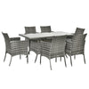 Outsunny 7-Piece Rattan Garden Furniture Set with Cushions, 6 Seater Garden Table and Chairs, Rattan Dining Set with 6 Armchairs, Rectangular Glass Top Table, Grey