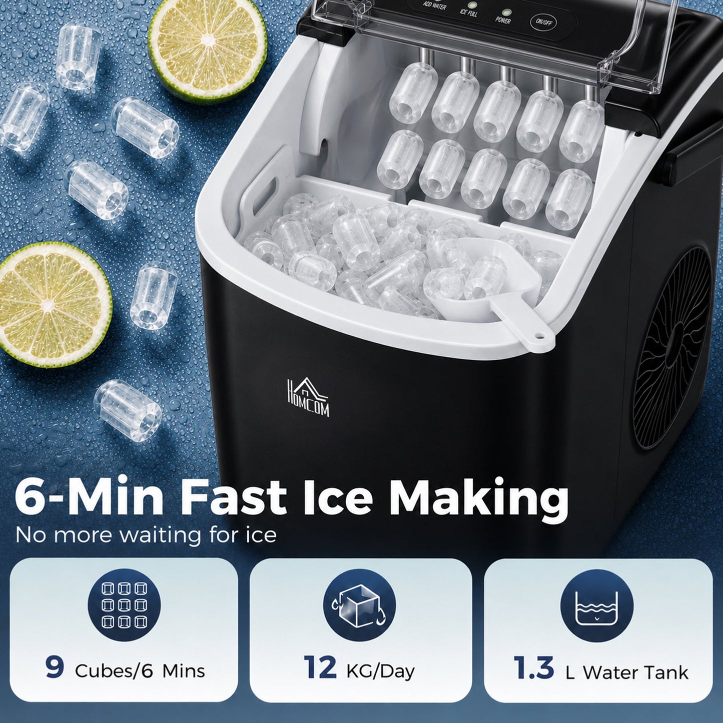 HOMCOM Ice Maker Machine Countertop, 12 KG in 24 H, 9 Cubes in 6 Mins, Portable Ice Cube Maker with Handle, Ice Scoop and Basket for Home Office Kitchen Bar Party RV, Black
