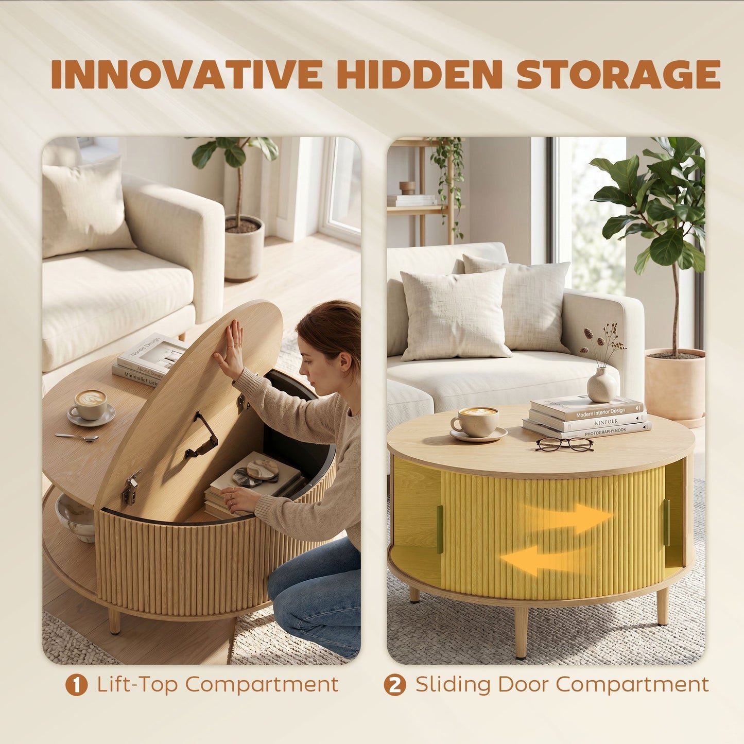 HOMCOM Coffee Table with Lift Top and Hidden Storage, Round Centre Table with Fluted Sliding Door, 80 cm, Natural Wood