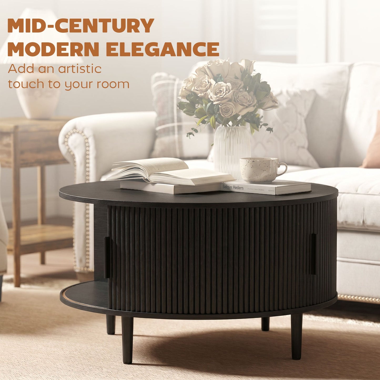 HOMCOM Coffee Table with Lift Top and Hidden Storage, Round Centre Table with Fluted Sliding Door, 80 cm, Black Wood Effect