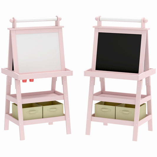 AIYAPLAY 3 in 1 Kids Easel Double-Sided Magnetic Whiteboard and Chalkboard with Paper Roll, Storage Baskets - Pink