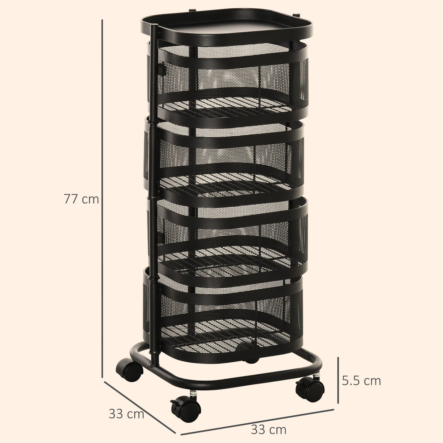 HOMCOM Metal Storage Cart, 4-Tier Storage Trolley on Wheels with 4 Mesh Baskets and Top Tray, Black