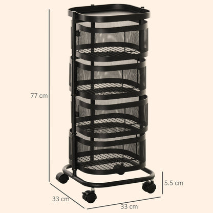 HOMCOM Metal Storage Cart, 4-Tier Storage Trolley on Wheels with 4 Mesh Baskets and Top Tray, Black