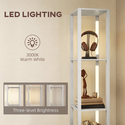 مصباح أرضي من HOMCOM مع أرفف، مصباح عمود LED عصري قائم بذاته مع درج قماشي، سطوع قابل للتعديل، مفتاح قدم لغرفة المعيشة وغرفة النوم والمكتب، أبيض