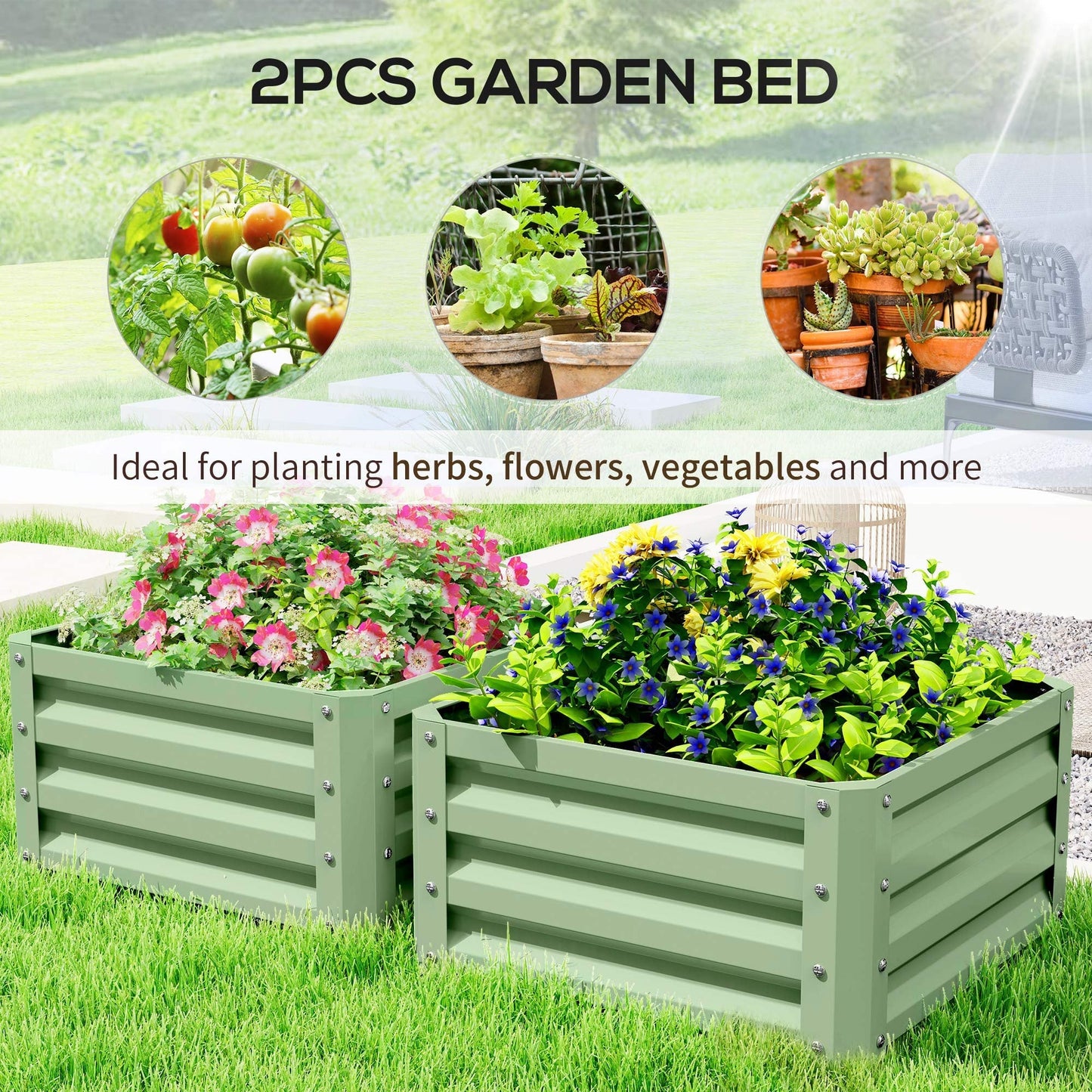 Outsunny Set of Two 60 x 60cm Steel Planter Boxes - Light Green