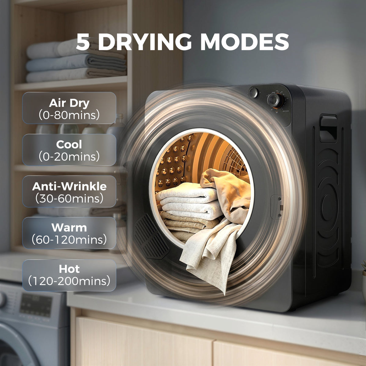 HOMCOM 5kg Vented Tumble Dryer, 1000W Compact Tumble Dryer with 5 Drying Modes, Stainless Steel Tub, Black