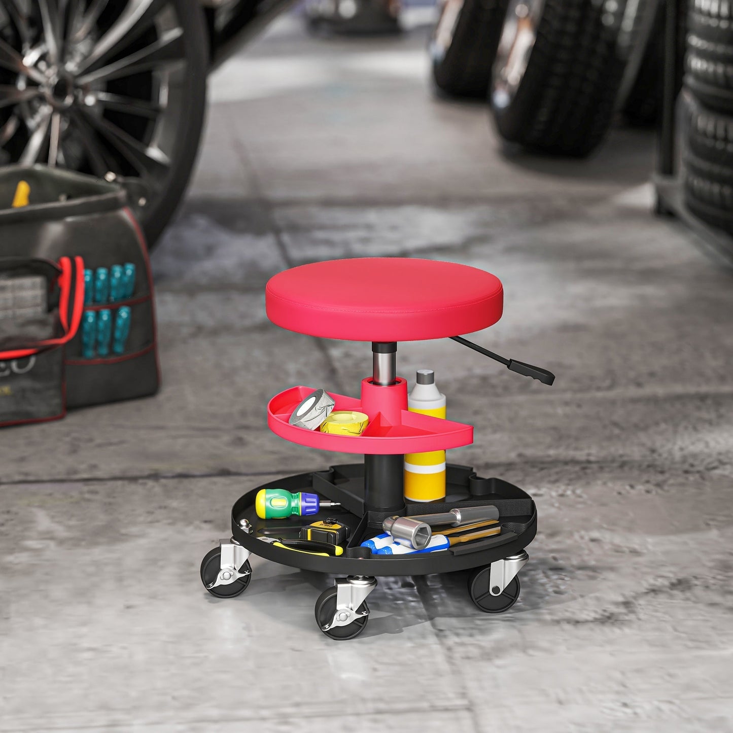 HOMCOM Rolling Mechanic Stool, 135kg Capacity Workshop Stool, 360 degrees Swivel Roller Padded Creeper Seat with Wheels, Tool Trays Storage for Garage, Shop, Auto Repair, Red