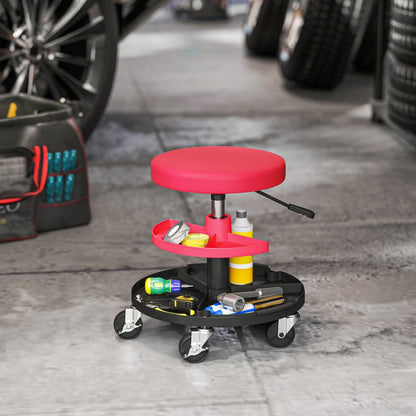 HOMCOM Rolling Mechanic Stool, 135kg Capacity Workshop Stool, 360 degrees Swivel Roller Padded Creeper Seat with Wheels, Tool Trays Storage for Garage, Shop, Auto Repair, Red