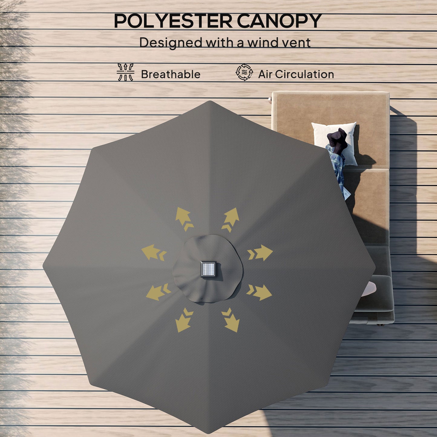 Outsunny 2.7m Garden Parasol Solar Outdoor Tilt Sun Umbrella Patio Sun Shade w/ 24 LED Light, Hand Crank and 8 Ribs, Black