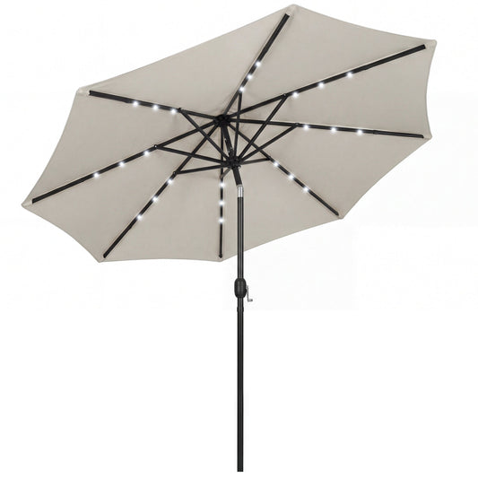 مظلة حديقة Outsunny بقطر 2.6 متر مع إضاءة ليد شمسية وغطاء للمظلة، مظلة فناء خارجية، رمادي فاتح