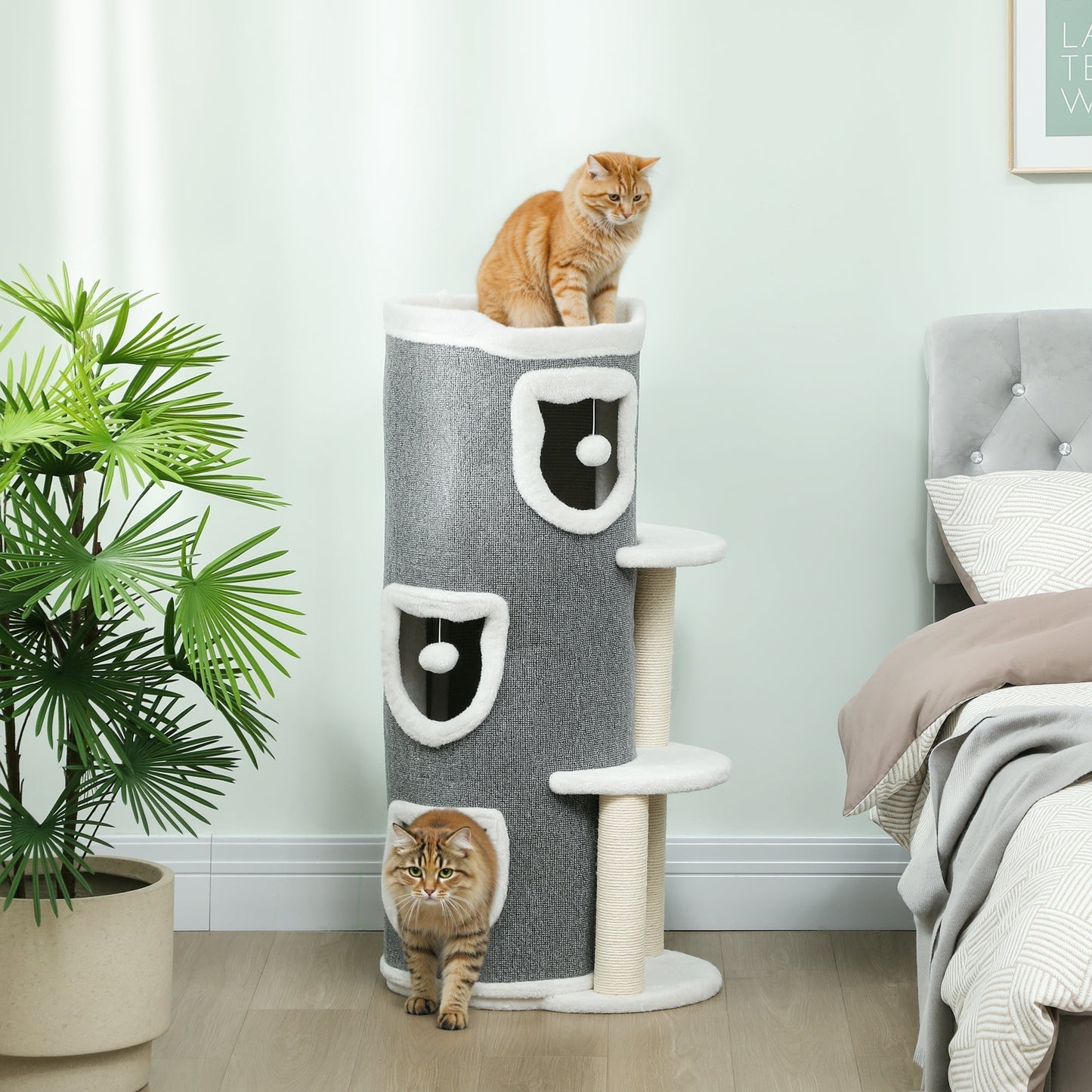 PawHut 101 cm Cat Tree with Sisal Scratching Posts, 3 Barrel Condos, 3 Platforms, for Indoor Cats to Rest and Play