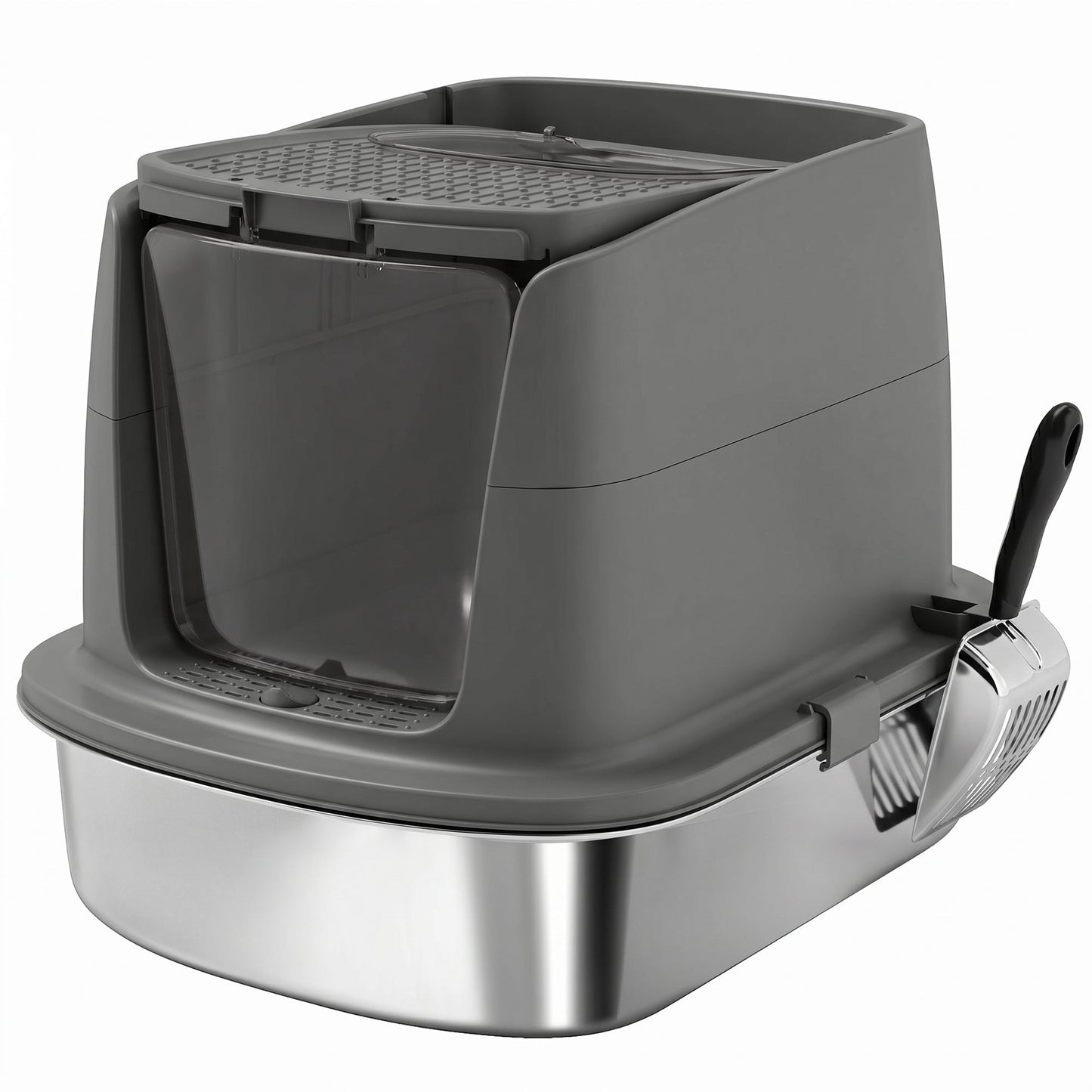 PawHut Large Stainless Steel Litter Box, Enclosed Metal Cat Litter Tray with Scoop, Deodoriser Bag, Front-Entry and Top-Exit