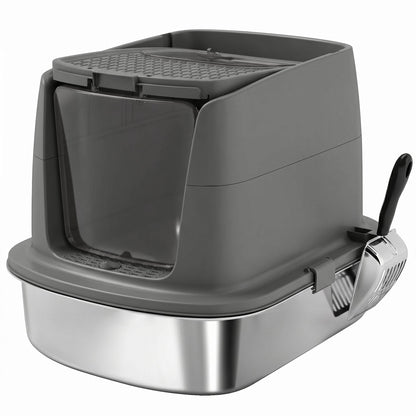 PawHut Large Stainless Steel Litter Box, Enclosed Metal Cat Litter Tray with Scoop, Deodoriser Bag, Front-Entry and Top-Exit