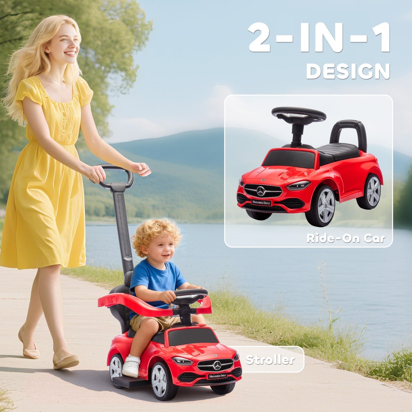 AIYAPLAY 2 in 1 Baby Ride on Push Car Mercedes-Benz C-Class Licensed Walker Foot to Floor Push-Along with Removable Handle, Red